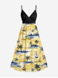 Plus Size Coconut Tree Sea Sailboat Print Hawaii Cruise Surplice A Line Cami Dress -  