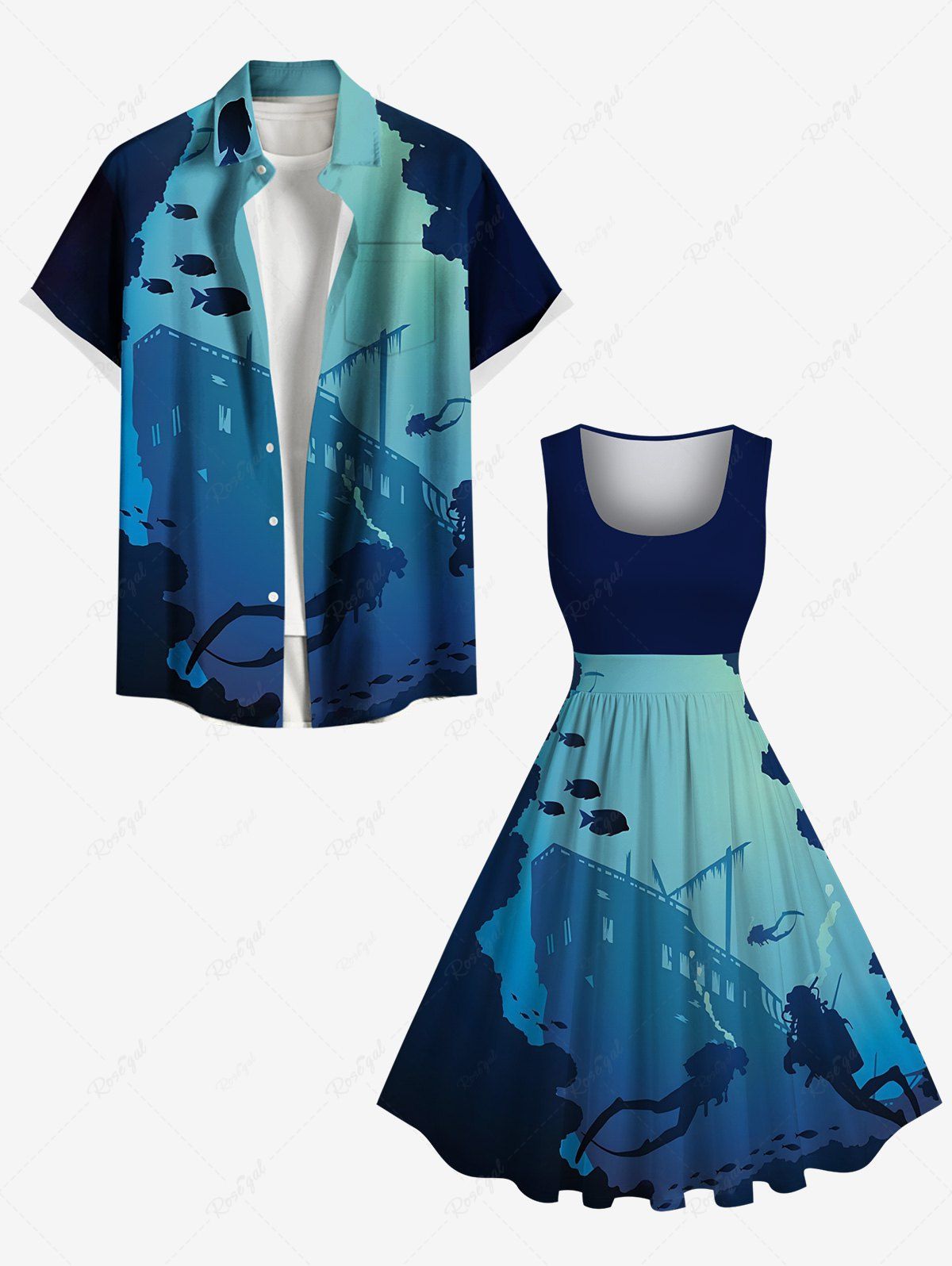 Nouveauté Maillot de Plage Noir et Blanc Tricotée à Imprimé Poisson pour Couples Grande-Taille Bleu 
