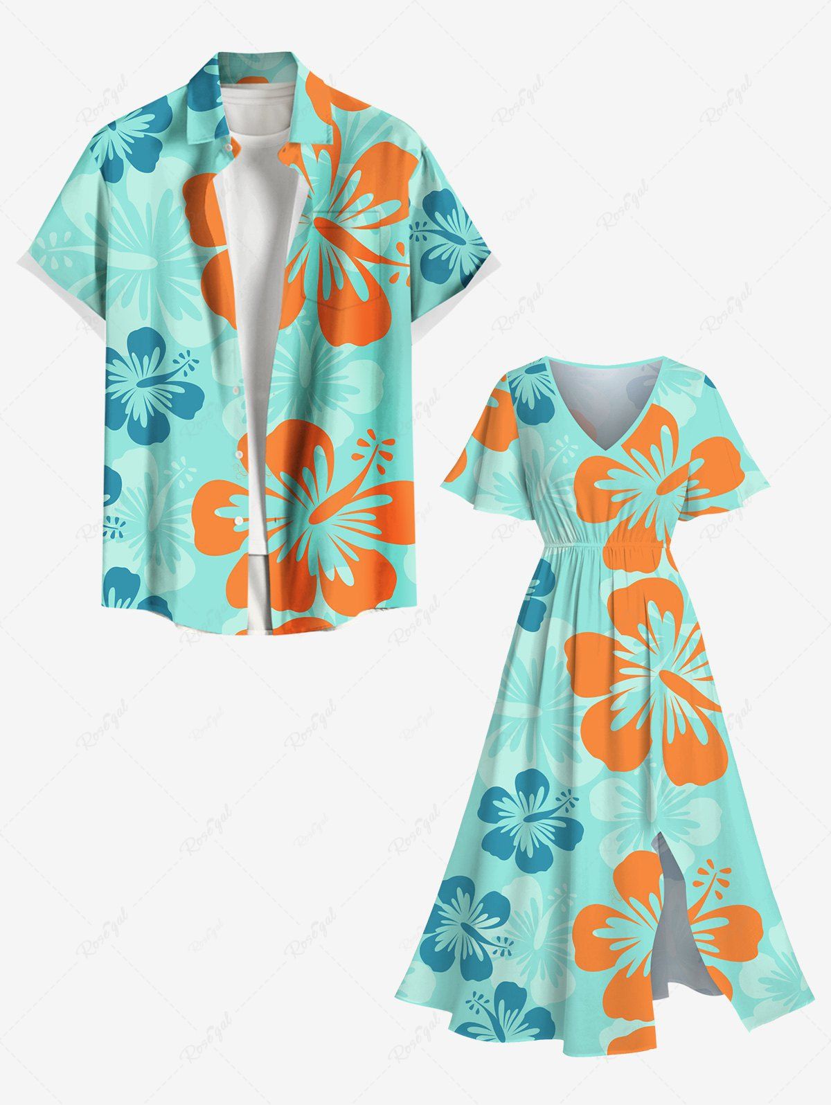 Online Tropical Hibiscus Flowers Print Plus Size Matching Hawaii Beach Outfit For Couples  