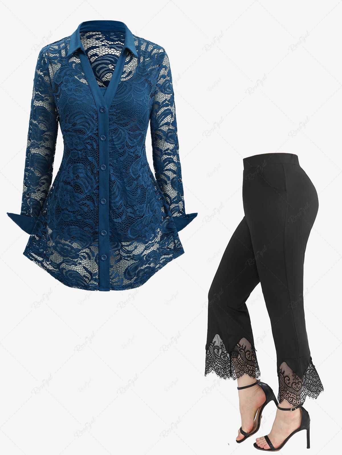 Sale See Thru Lace Blouse with Cami Top Set and Scalloped Tassel Flare Pants Plus Size Outfit  