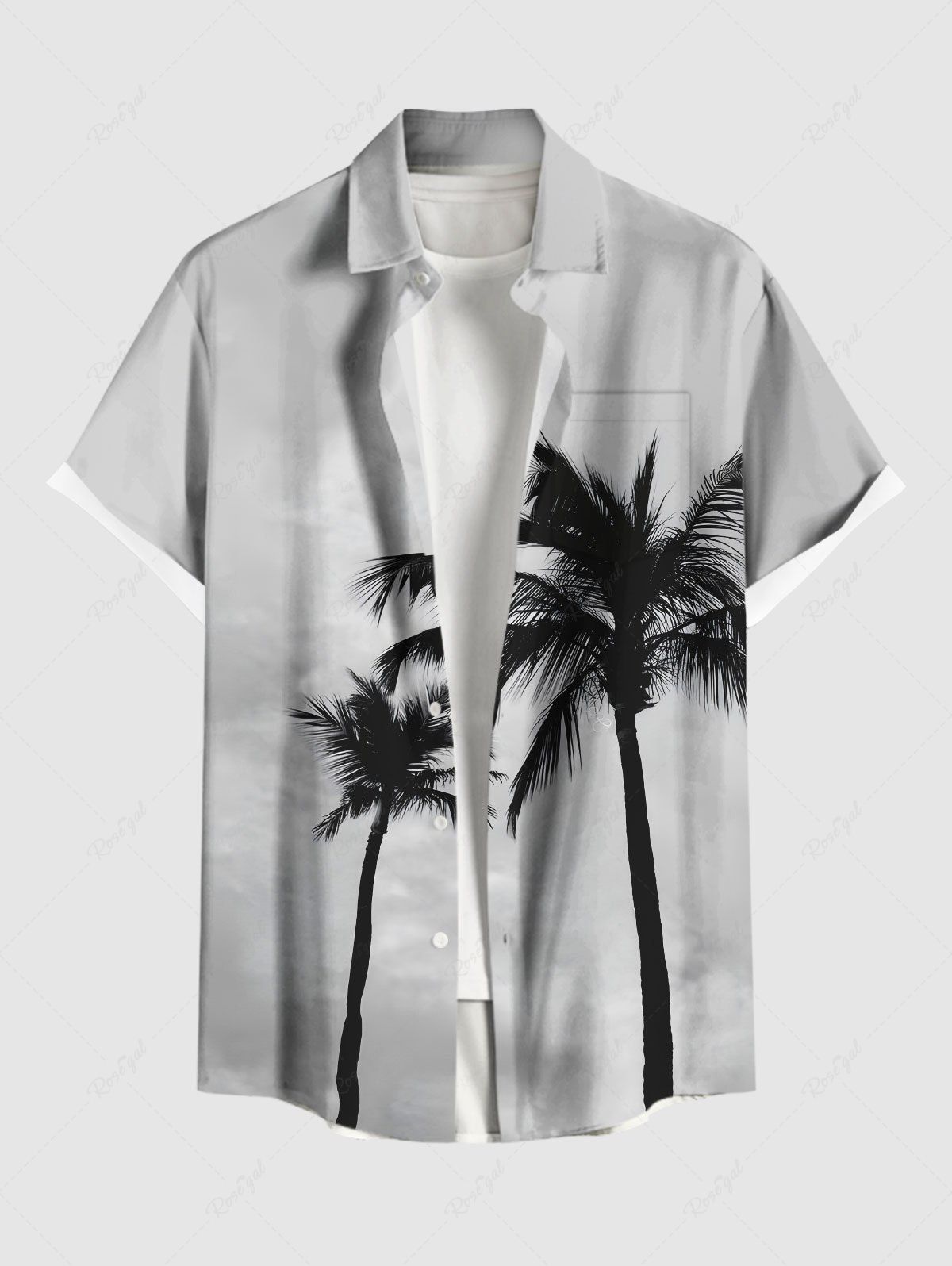 Hot Plus Size Coconut Tree Ombre Sky Print Hawaii Button Pocket Shirt For Men  