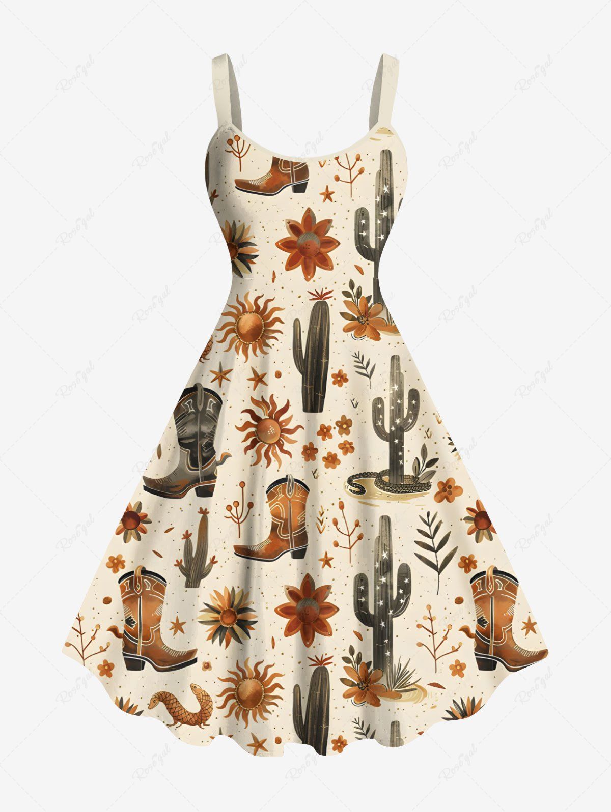 Latest Plus Size Cactus Plant Floral Sun Boots Print Hawaii A Line Tank Dress  