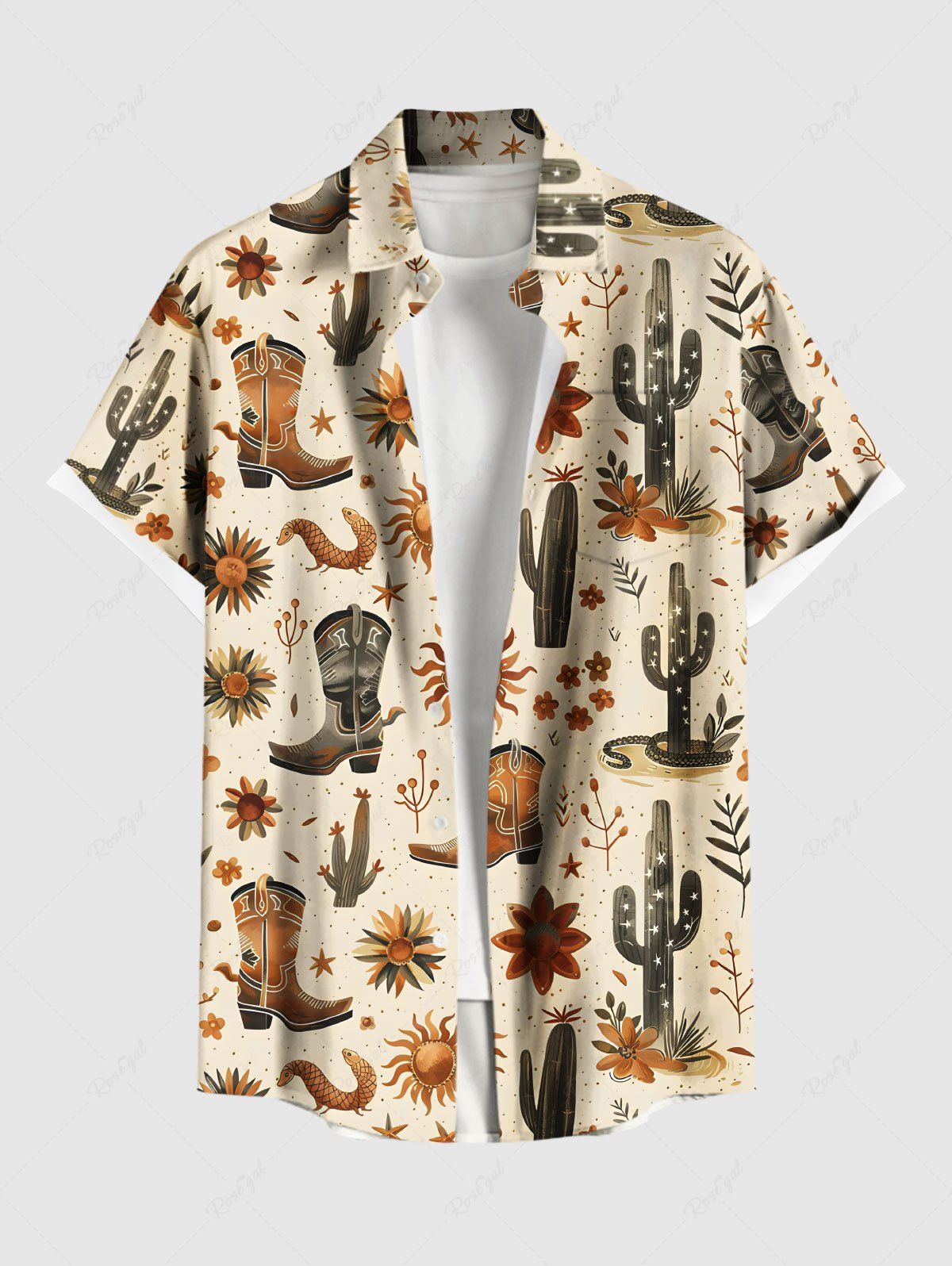 Store Plus Size Cactus Plant Floral Sun Boots Print Hawaii Button Pocket Shirt For Men  