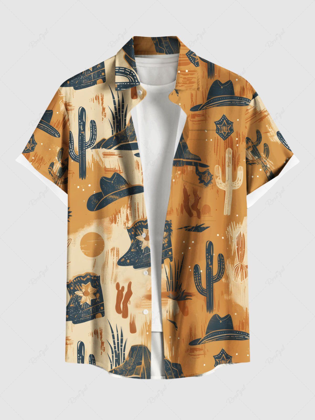 Fancy Plus Size Cactus Plant Hat Floral Desert Print Hawaii Button Pocket Shirt For Men  