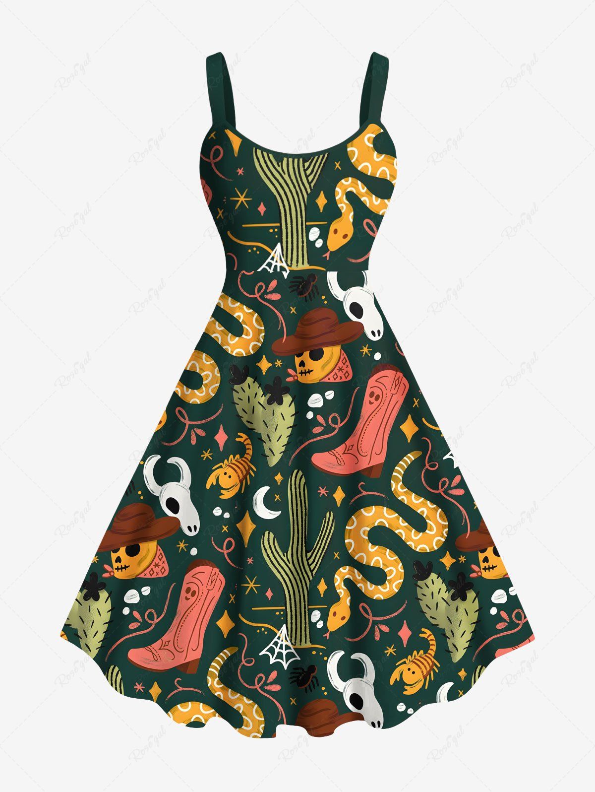 Trendy Plus Size Colorful Skull Snake Cactus Plant Crab Moon Print Hawaii A Line Tank Dress  
