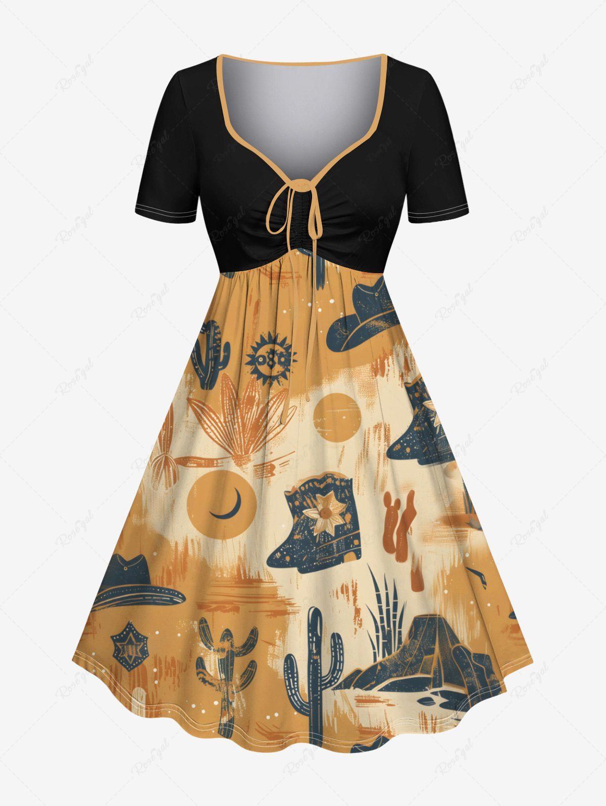 Chic Plus Size Cactus Plant Hat Floral Desert Print Hawaii Cinched A Line Dress  