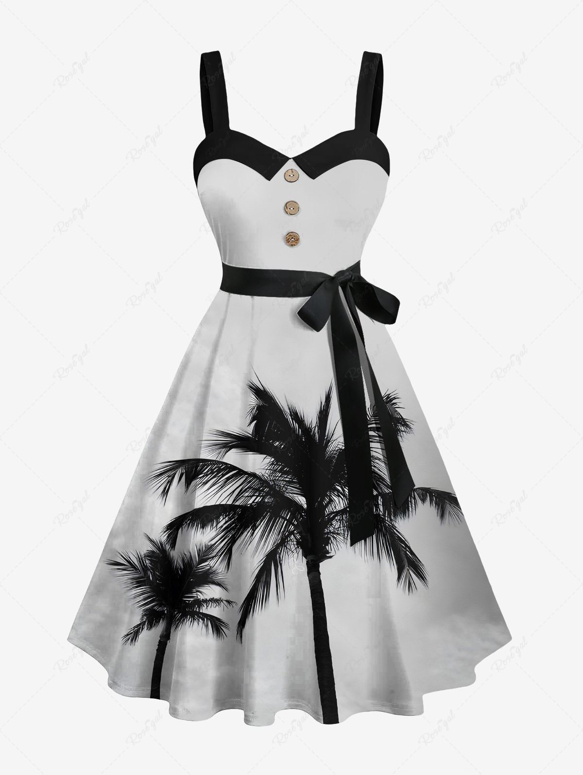 Fancy Plus Size Coconut Tree Ombre Sky Print Hawaii Button Turn-down A Line Dress with Removable Belt  