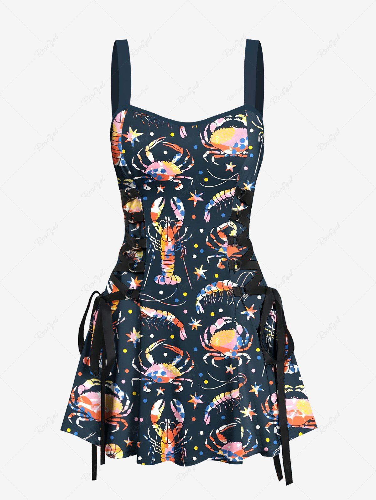 Fashion Colorful Crab Lobster Stars Print Hawaii Lace Up A Line Tank Dress  