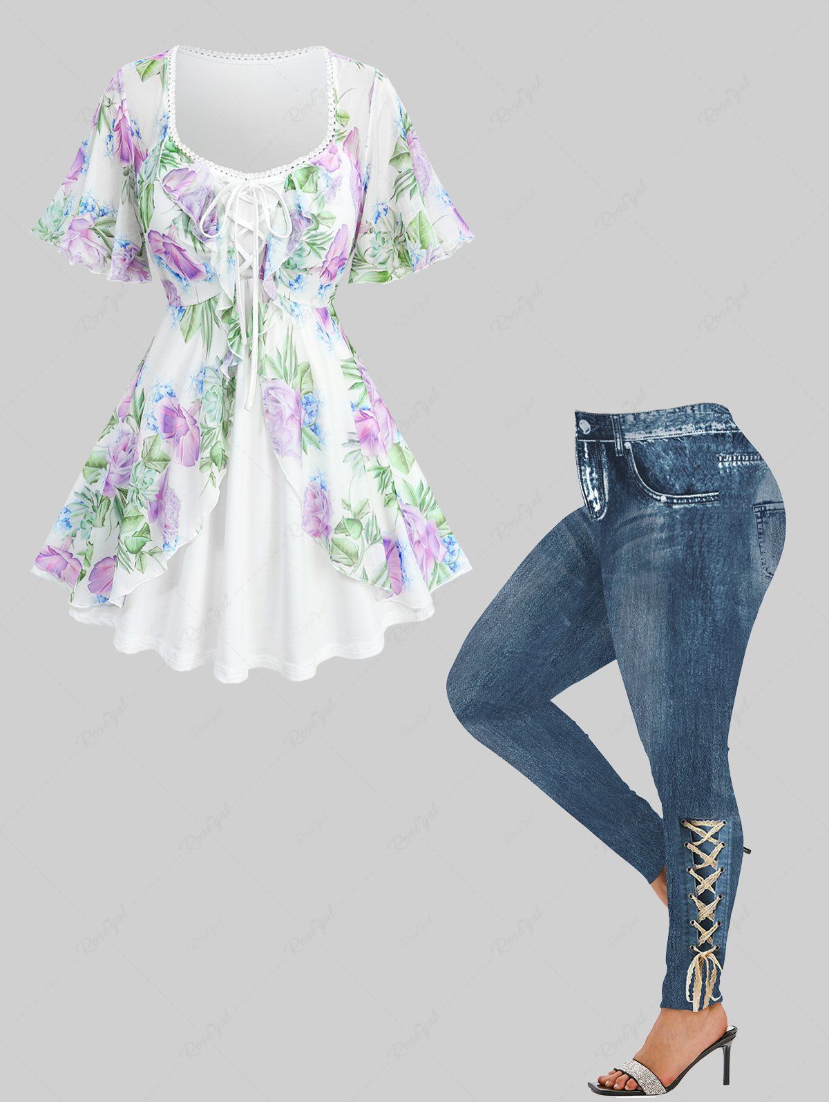 Hot Floral Leaf Graphic Mesh Ruffles Top and 3D Lace-up Distressed Ombre Denim Print Leggings Plus Size Outfit  