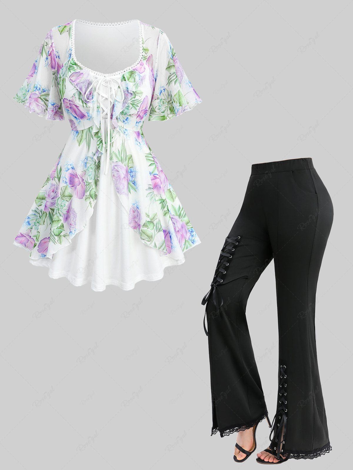 Latest Floral Leaf Print Mesh Ruffles Top and Lace-up Split Pocket Solid Flare Pants Plus Size Outfit  