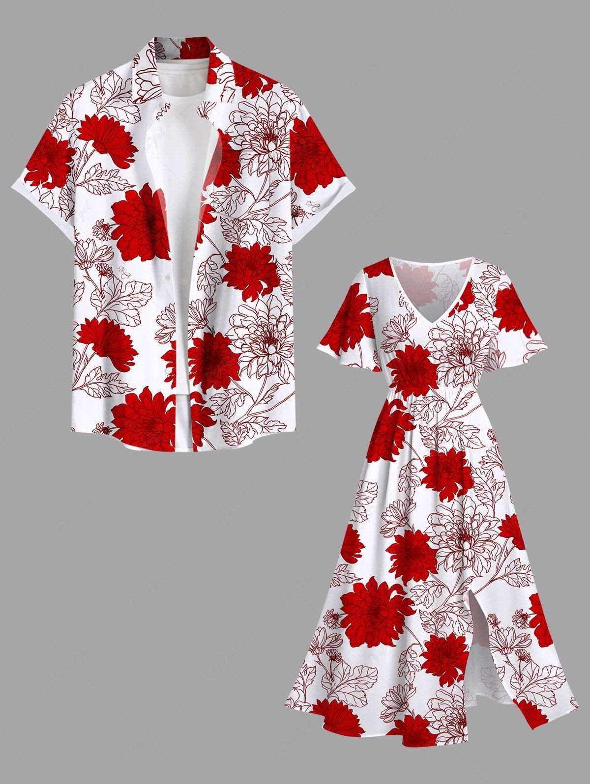 Costume Grande Taille Imprimé à Feuilles et Fleurs Longueur Plage Rouge 