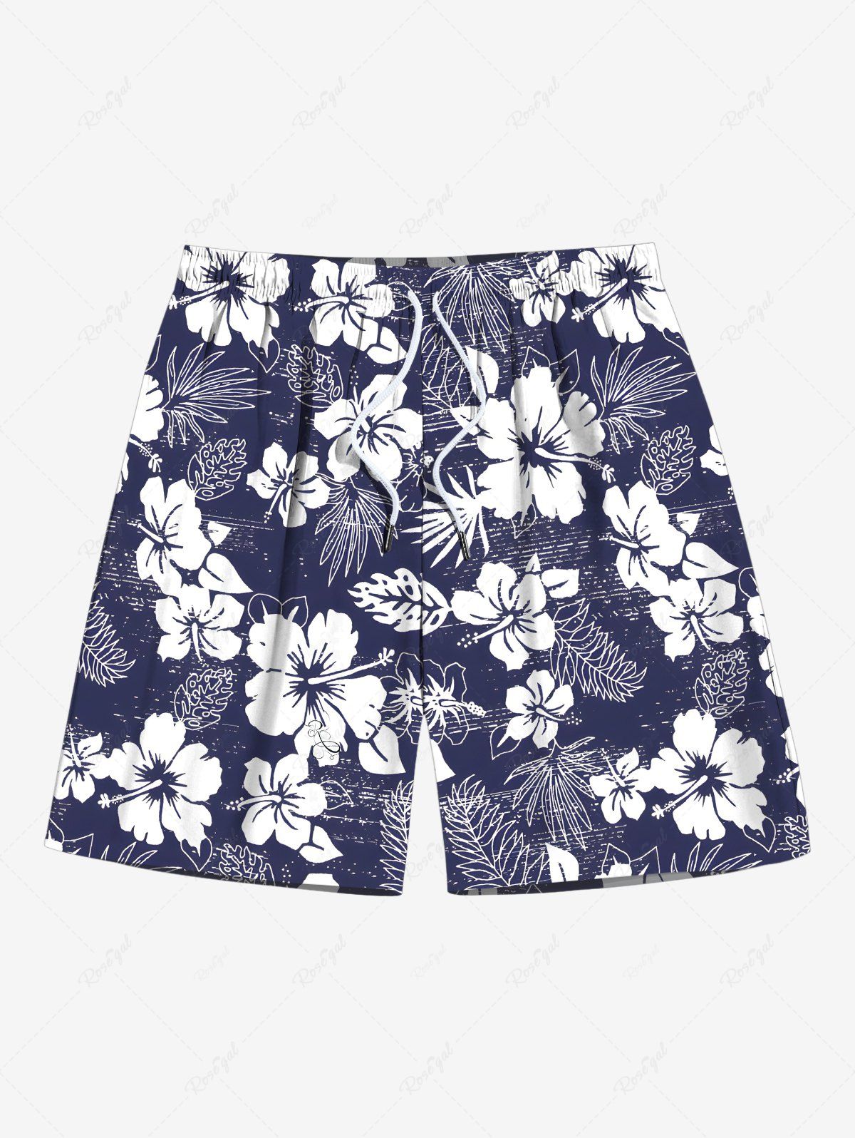 Affordable Plus Size Tropical Leaves Floral Print Hawaii Drawstring Beach Shorts For Men  