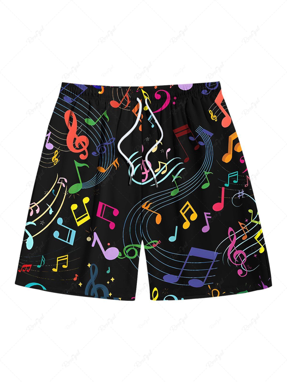 Shop Plus Size Colorful Music Symbol Print Hawaii Drawstring Beach Shorts For Men  