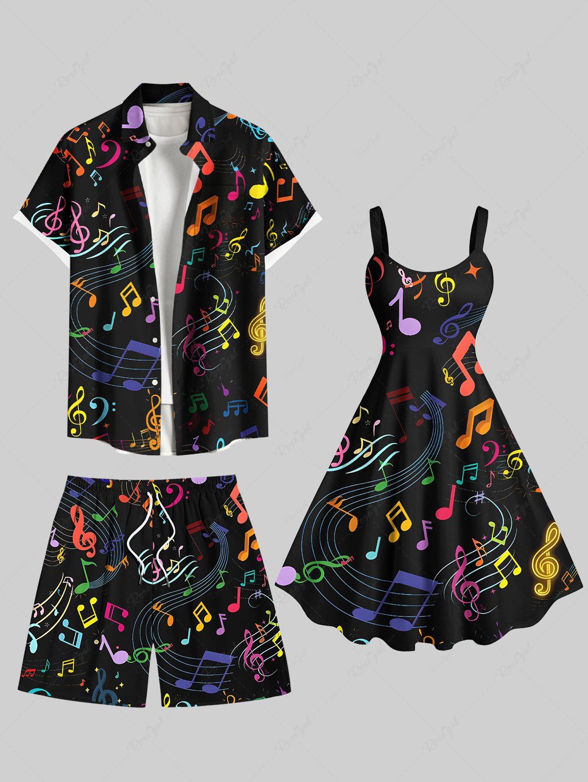 Outfits Colorful Music Symbol Print Plus Size Matching Hawaii Beach Outfit For Couples  