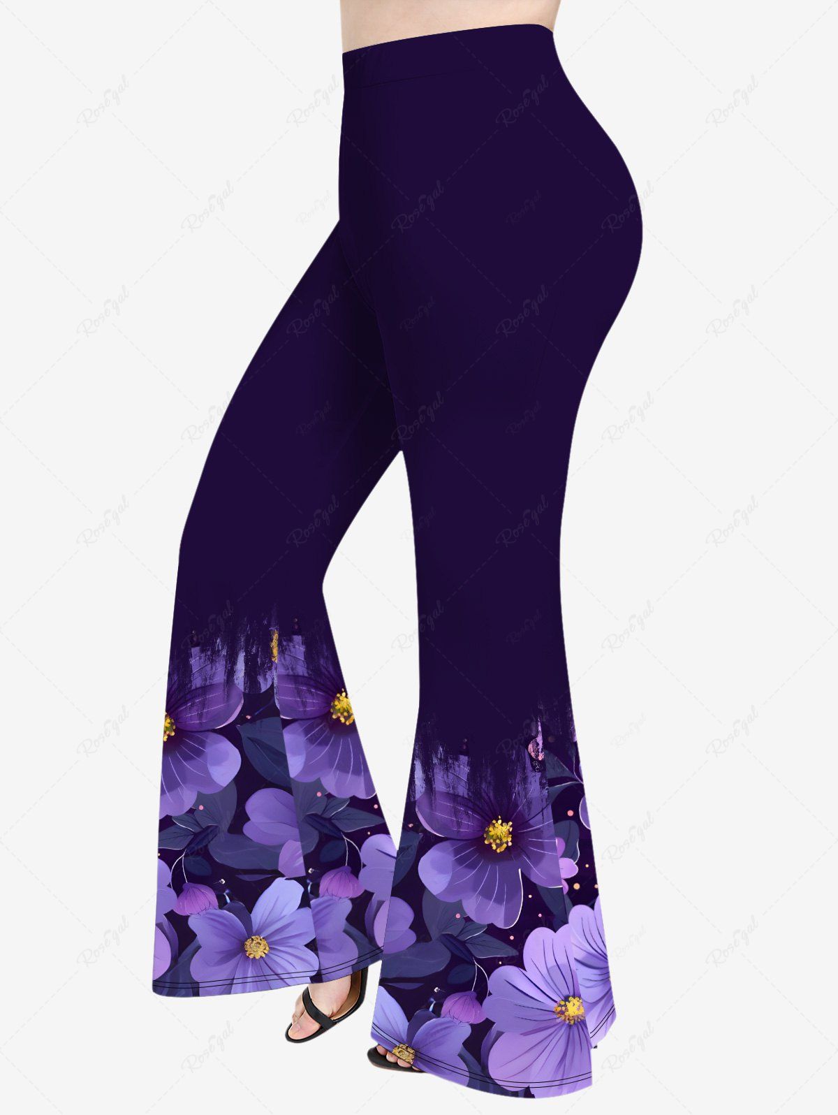 Pantalon Évasé Imprimé à Fleurs et Feuilles Grande Taille Noir 1X