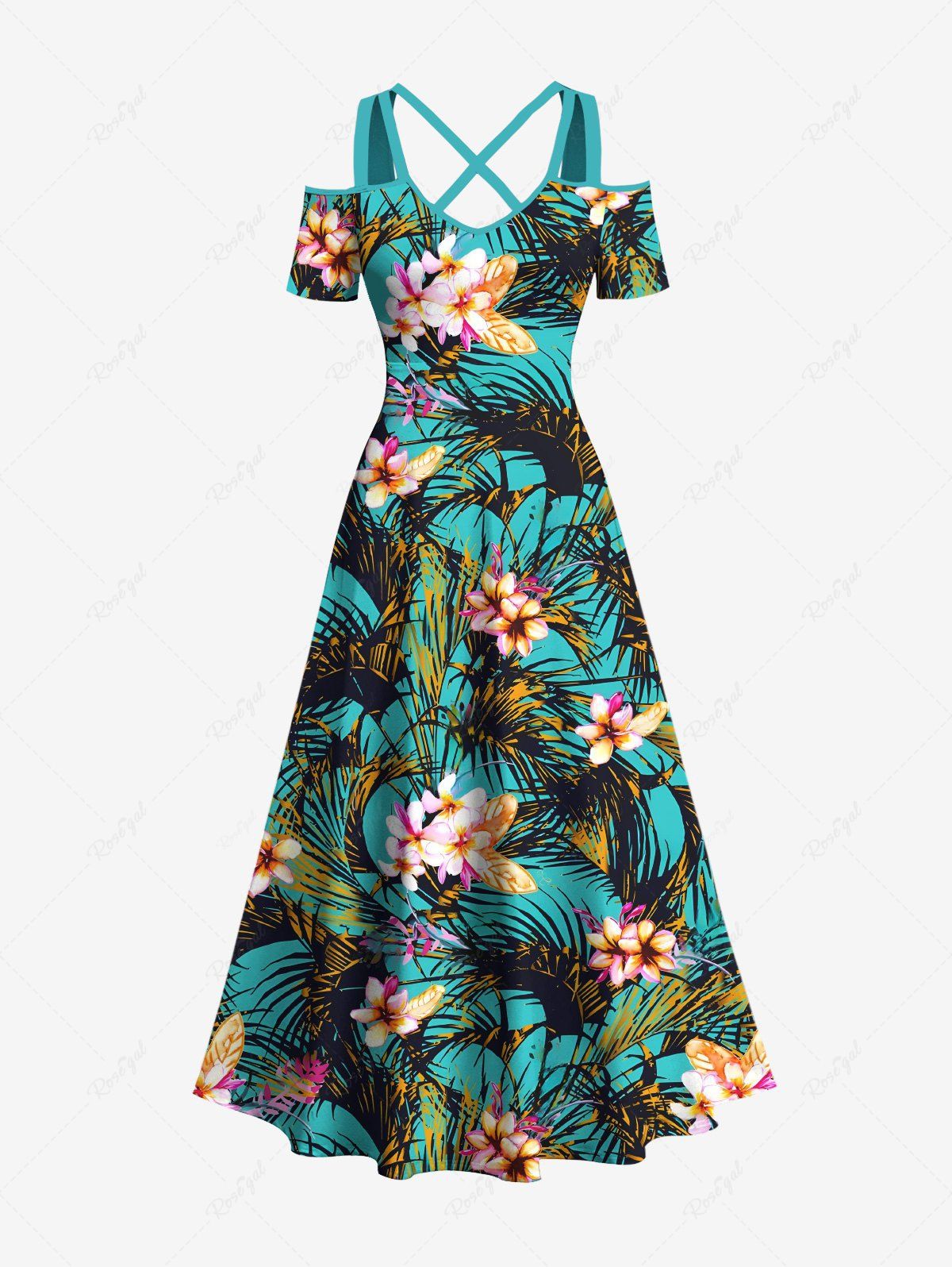 New Plus Size Tropical Leaf Flowers Print Cold Shoulder Crisscross Hawaii Maxi Dress  