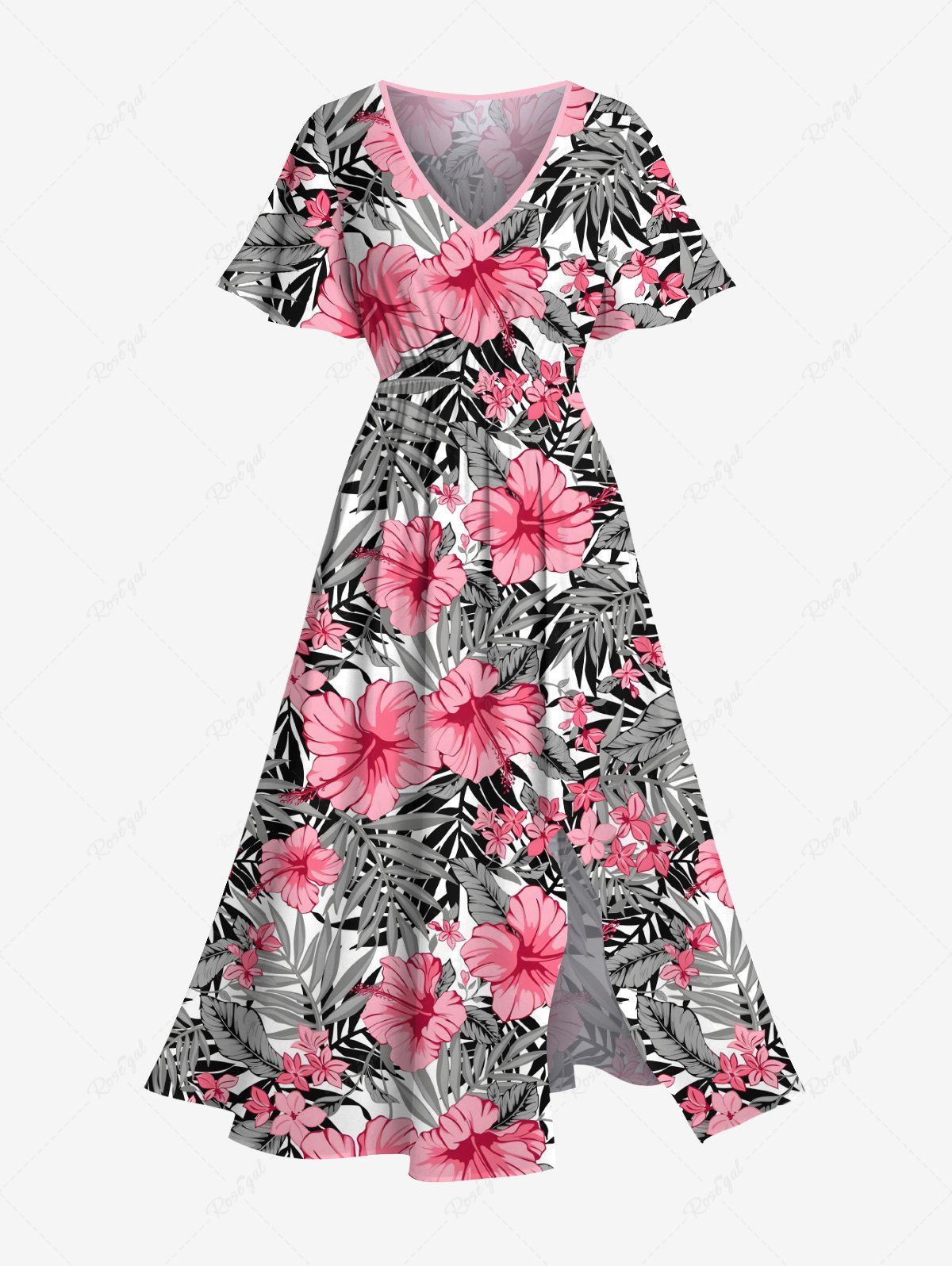 Unique Plus Size Tropical Flowers Leaf Print Split Hawaii Midi Dress  