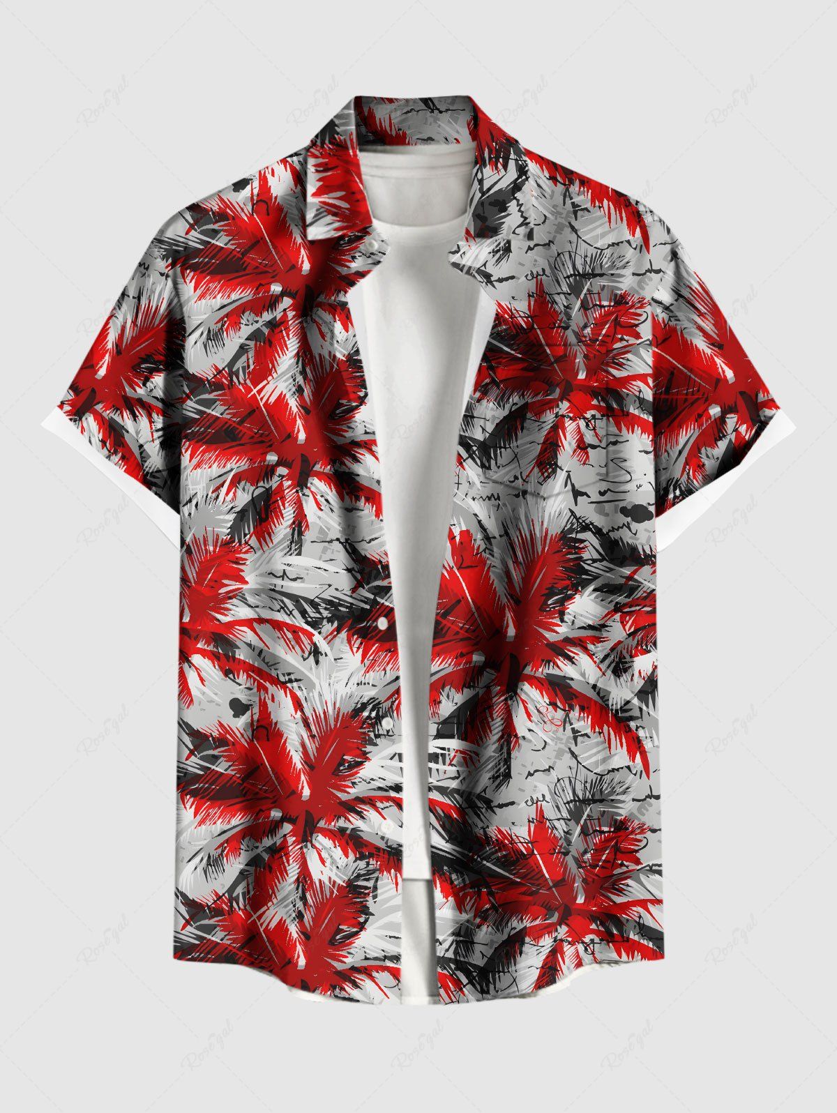 Chemise hawaïenne grande taille à imprimé feuilles tropicales et cocotiers pour homme Rouge 2XL