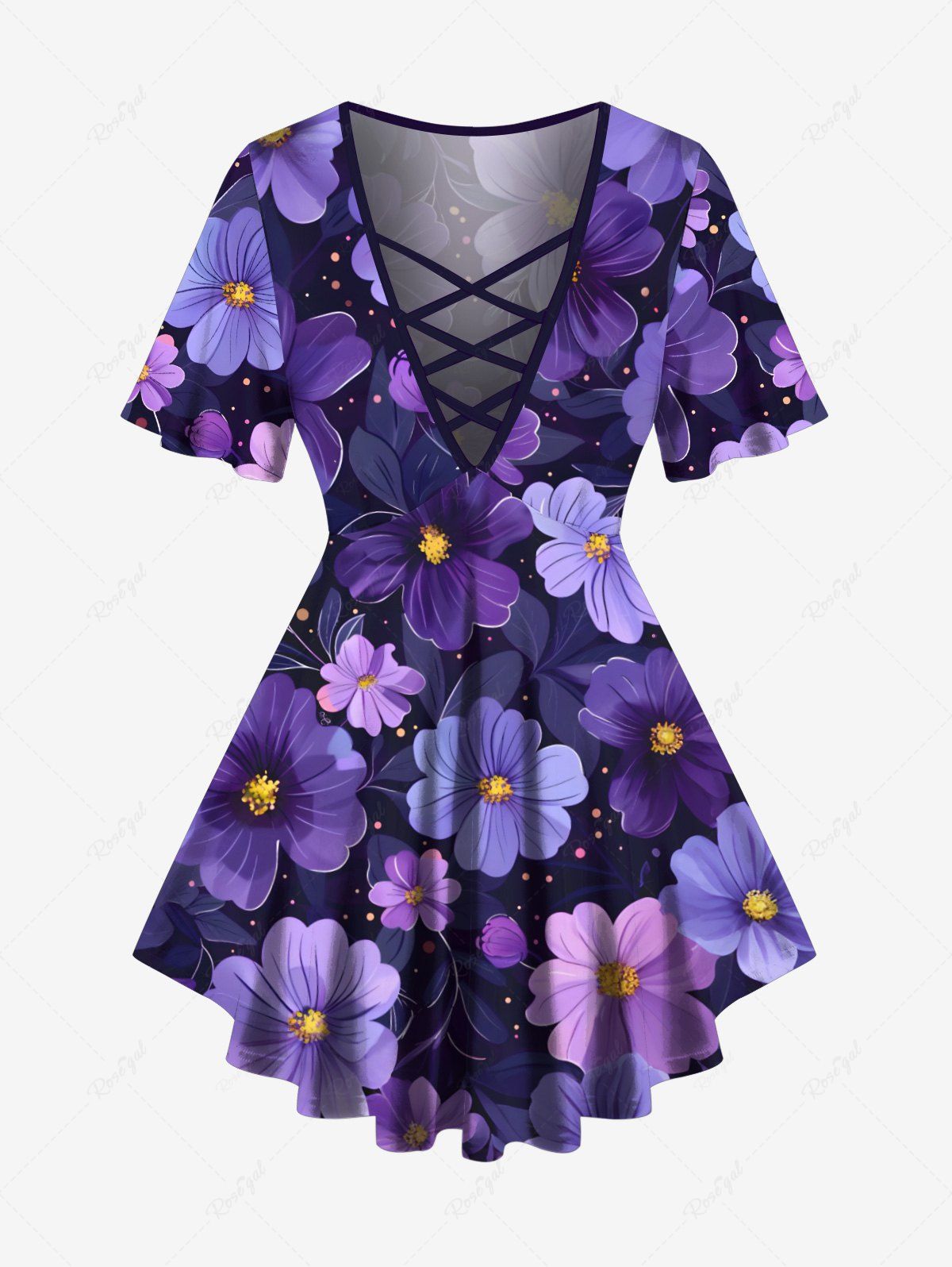 Fashion Plus Size Flowers Leaf Star Print Lattice Crisscross T-shirt  
