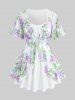 Floral Leaf Print Mesh Ruffles Top and Lace-up Split Pocket Solid Flare Pants Plus Size Outfit -  