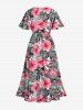 Plus Size Tropical Flowers Leaf Print Split Hawaii Midi Dress -  