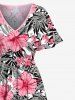 Plus Size Tropical Flowers Leaf Print Split Hawaii Midi Dress -  