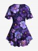 Plus Size Flowers Leaf Star Print Lattice Crisscross T-shirt -  