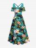 Plus Size Tropical Leaf Flowers Print Cold Shoulder Crisscross Hawaii Maxi Dress - Vert profond L