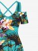 Plus Size Tropical Leaf Flowers Print Cold Shoulder Crisscross Hawaii Maxi Dress -  