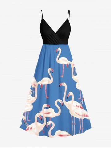 Plus Size Flamingo Print Hawaii Surplice A Line Cami Dress - BLUE - 6X