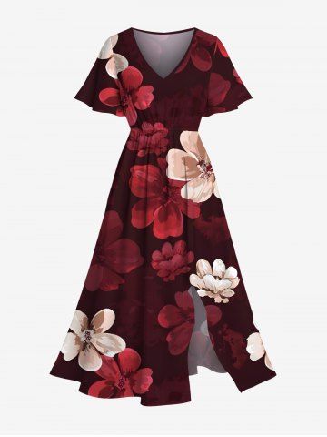 Plus Size Ombre Floral Print Hawaii Split Pocket A Line Midi Dress - DEEP RED - 2X
