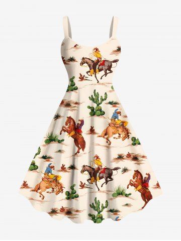 Plus Size Cactus Horse Knight Print Hawaii A Line Tank Dress - LIGHT COFFEE - XS