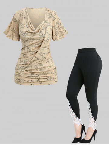 Mathematical Formula Print Cowl Neck T-shirt and Appliques Leggings Plus Size Outfit - LIGHT COFFEE