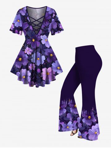 Flowers Leaf Star Print Plus Size Matching Set - PURPLE