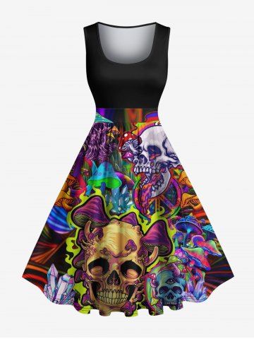 Plus Size Skulls Mushroom Print 1950s Vintage Hawaii Tank Dress - BLACK - S