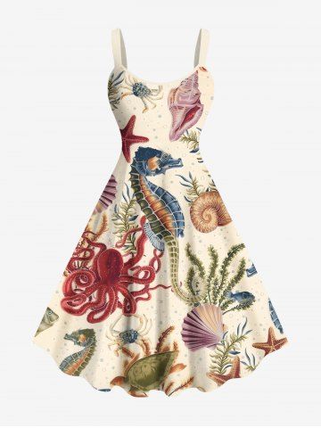 Plus Size Seahorse Starfish Water Grass Shell Octopus Turtle Print Hawaii Sea Creatures A Line Dress - LIGHT COFFEE - 5X
