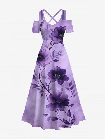 Plus Size Flowers Tie Dye Print Cold Shoulder Crisscross Hawaii Maxi Dress - PURPLE - 4X