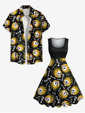 Skulls Fire Flame Print Plus Size Matching Dress and Shirt For Couples