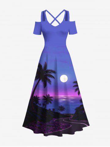 Plus Size Coconut Tree Moon Sea Ombre Sky Print Cold Shoulder Crisscross Hawaii Maxi Dress - PURPLE - 1X