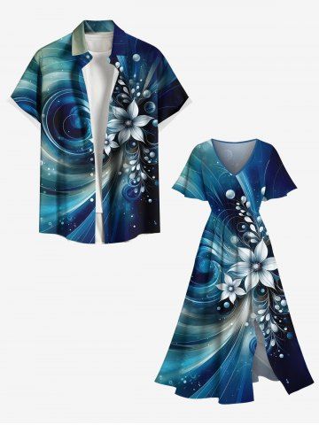 Flowers Galaxy Swirls Light Beam 3D Print Plus Size  Matching Dress and Shirt For Couples - BLUE