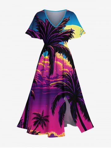 Plus Size Coconut Tree Sun Cloud Ombre Print Split Hawaii Midi Dress - PURPLE - 6X