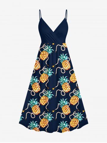 Plus Size Pineapple Beading Print Hawaii Surplice A Line Cami Dress - DEEP BLUE - 1X