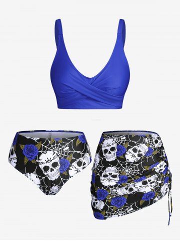 Plus Size & Curve Skull Rose Print Crossover Three Piece Bikini Swimsuit - BLUE - 3X