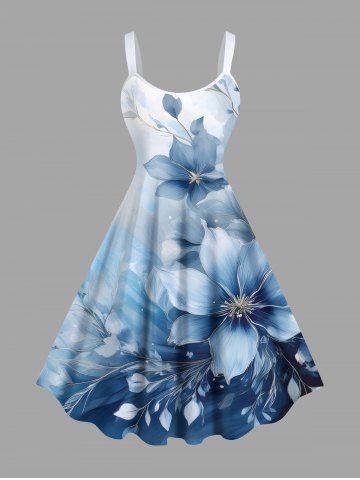 Plus Size Flowers Ombre Colorblock Print Hawaii Tank Dress - SKY BLUE - M