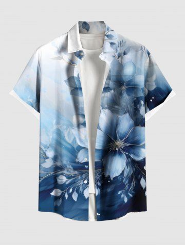 Plus Size Flowers Ombre Colorblock Print Buttons Pocket Hawaii Shirt For Men - BLUE - 5XL