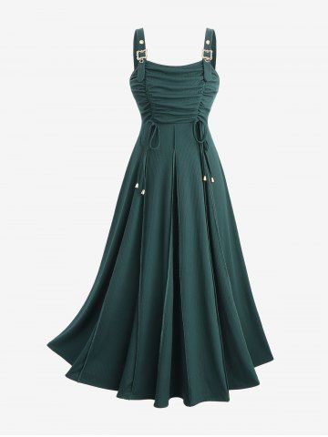 Plus Size Topstitching Cinched Ruched Grommets Buckle Tank Dress - DEEP GREEN - 3X | US 22-24