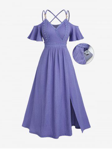 Plus Size Cold Shoulder Lace Trim Textured Pocket Split Crisscross Strappy Solid A Line Dress - PURPLE - 4X | US 26-28