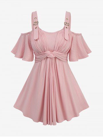 Plus Size Twist Jacquard Ribbed Textured Lace Trim Buckle Grommets Cold Shoulder Top - LIGHT PINK - M | US 10