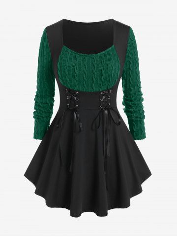 Plus Size Cable Knit Panel Mixed Media Lace Up Tee - GREEN - 5X | US 30-32