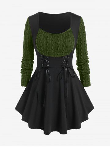 Plus Size Cable Knit Panel Mixed Media Lace Up Tee - DEEP GREEN - 1X | US 14-16